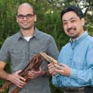 two male professors look at dinosaur bones